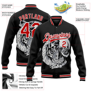 Custom Black Red-White Skull Fashion 3D Bomber Full-Snap Varsity Letterman Jacket