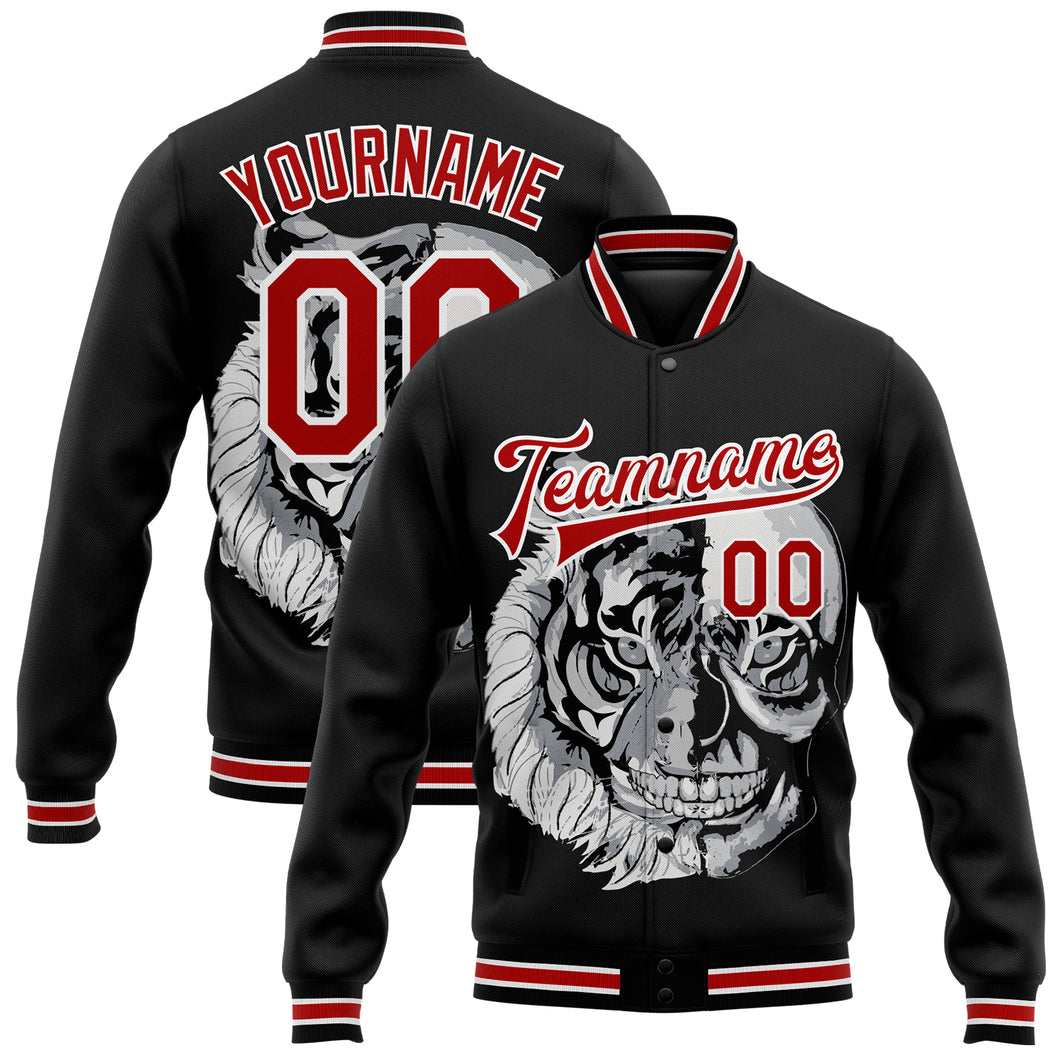 Custom Black Red-White Skull Fashion 3D Bomber Full-Snap Varsity Letterman Jacket