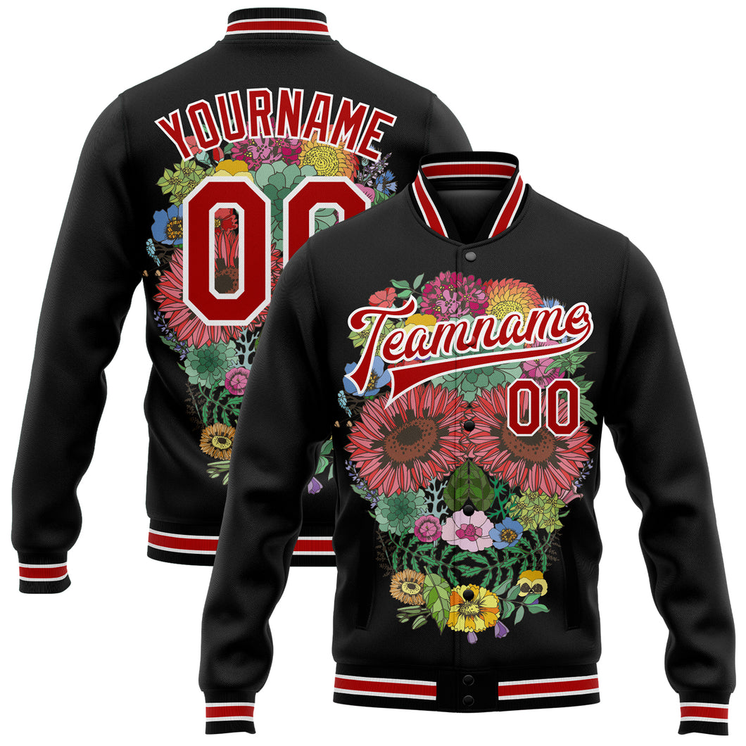 Custom Black Red-White Skull With Flowers 3D Bomber Full-Snap Varsity Letterman Jacket