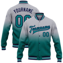 Load image into Gallery viewer, Custom Gray Teal-Navy Bomber Full-Snap Varsity Letterman Fade Fashion Jacket
