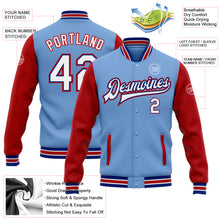 Load image into Gallery viewer, Custom Light Blue White Royal-Red Bomber Full-Snap Varsity Letterman Two Tone Jacket
