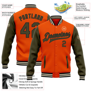 Custom Orange Olive Black-Cream Bomber Full-Snap Varsity Letterman Two Tone Jacket