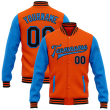 Load image into Gallery viewer, Custom Orange Black-Powder Blue Bomber Full-Snap Varsity Letterman Two Tone Jacket
