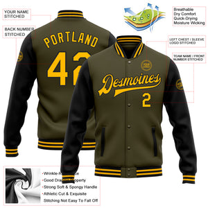 Custom Olive Gold-Black Bomber Full-Snap Varsity Letterman Two Tone Salute To Service Jacket