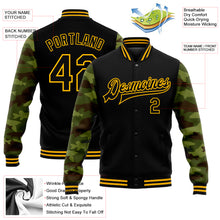 Load image into Gallery viewer, Custom Black Gold Fish Camo Sleeves 3D Pattern Design Bomber Full-Snap Varsity Letterman Jacket
