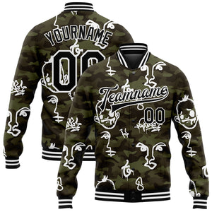 Custom Camo Black-White Hand Painted Face 3D Pattern Design Bomber Full-Snap Varsity Letterman Salute To Service Jacket