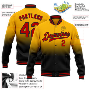 Custom Gold Red-Black Bomber Full-Snap Varsity Letterman Fade Fashion Jacket