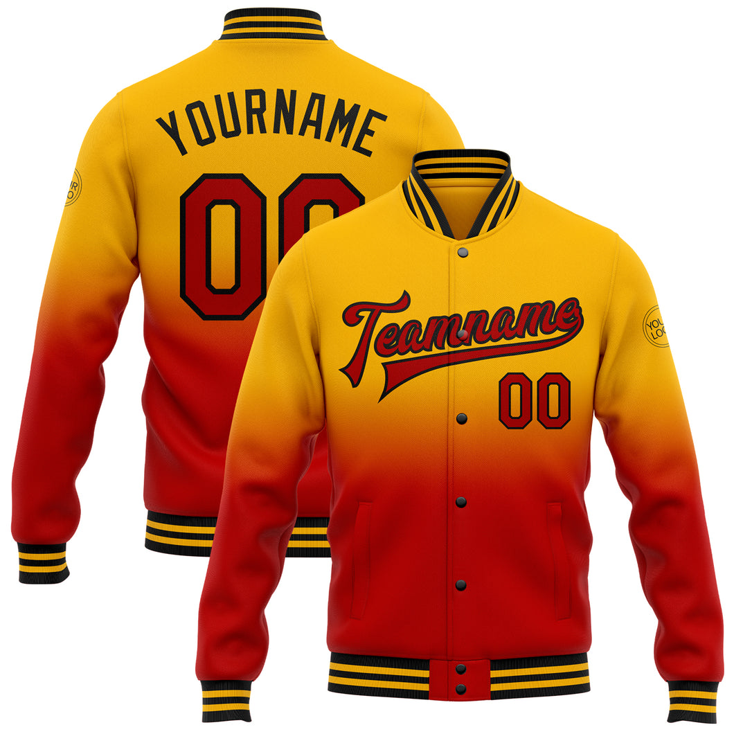 Custom Gold Red-Black Bomber Full-Snap Varsity Letterman Fade Fashion Jacket