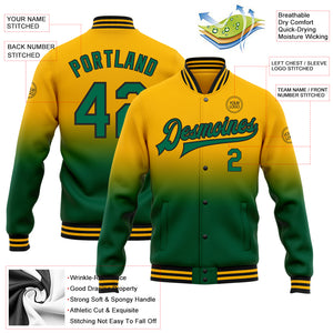 Custom Gold Kelly Green-Black Bomber Full-Snap Varsity Letterman Fade Fashion Jacket