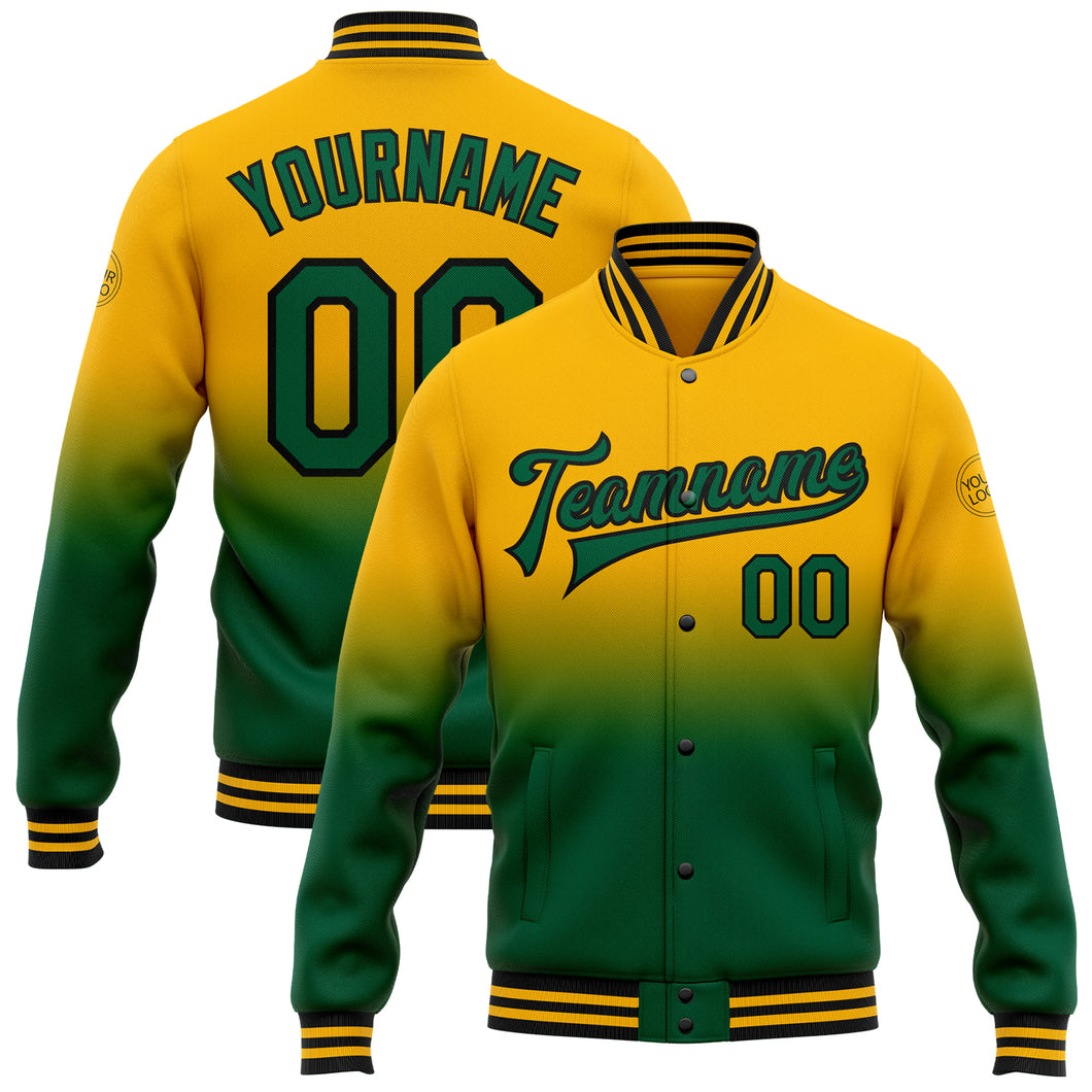 Custom Gold Kelly Green-Black Bomber Full-Snap Varsity Letterman Fade Fashion Jacket