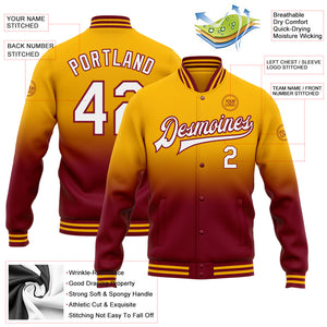 Custom Gold White-Crimson Bomber Full-Snap Varsity Letterman Fade Fashion Jacket