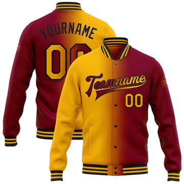 Custom Maroon Gold-Black Bomber Full-Snap Varsity Letterman Gradient Fashion Jacket