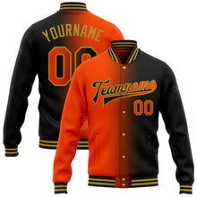 Load image into Gallery viewer, Custom Black Orange-Old Gold Bomber Full-Snap Varsity Letterman Gradient Fashion Jacket
