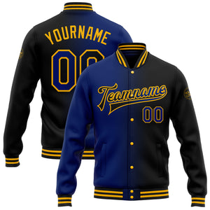 Custom Black Royal-Gold Bomber Full-Snap Varsity Letterman Gradient Fashion Jacket