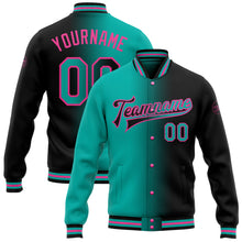 Load image into Gallery viewer, Custom Black Aqua-Pink Bomber Full-Snap Varsity Letterman Gradient Fashion Jacket
