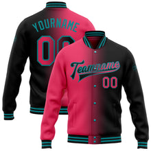 Load image into Gallery viewer, Custom Black Neon Pink-Teal Bomber Full-Snap Varsity Letterman Gradient Fashion Jacket
