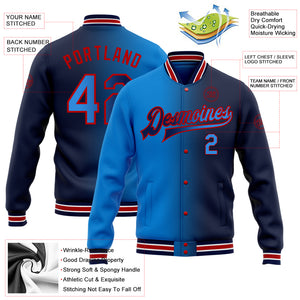 Custom Navy Powder Blue-Red Bomber Full-Snap Varsity Letterman Gradient Fashion Jacket