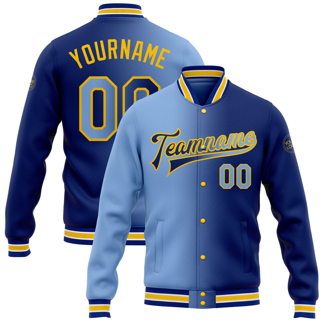 Custom Royal Light Blue-Yellow Bomber Full-Snap Varsity Letterman Gradient Fashion Jacket