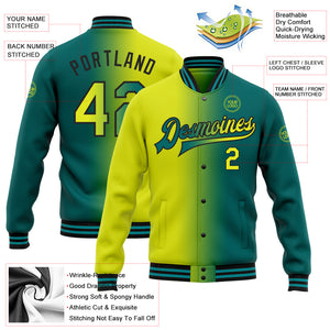 Custom Teal Neon Yellow-Black Bomber Full-Snap Varsity Letterman Gradient Fashion Jacket