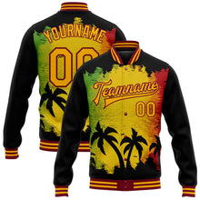 Load image into Gallery viewer, Custom Black Gold-Crimson Black History Month Hawaii Palm Trees 3D Bomber Full-Snap Varsity Letterman Jacket
