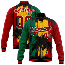 Load image into Gallery viewer, Custom Gold Red Black-Kelly Green Black History Month Hawaii Palm Trees 3D Bomber Full-Snap Varsity Letterman Jacket
