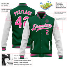 Load image into Gallery viewer, Custom Kelly Green Pink-White Bomber Full-Snap Varsity Letterman Two Tone Jacket
