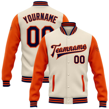 Custom Cream Navy-Orange Bomber Full-Snap Varsity Letterman Two Tone Jacket