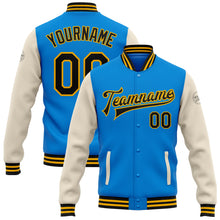 Load image into Gallery viewer, Custom Electric Blue Black Cream-Gold Bomber Full-Snap Varsity Letterman Two Tone Jacket
