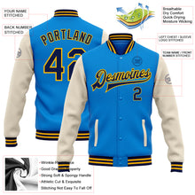 Load image into Gallery viewer, Custom Electric Blue Navy Cream-Gold Bomber Full-Snap Varsity Letterman Two Tone Jacket
