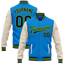 Load image into Gallery viewer, Custom Electric Blue Navy Cream-Neon Green Bomber Full-Snap Varsity Letterman Two Tone Jacket
