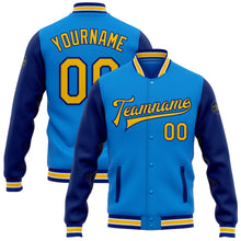 Load image into Gallery viewer, Custom Powder Blue Yellow-Royal Bomber Full-Snap Varsity Letterman Two Tone Jacket
