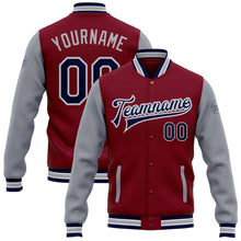 Load image into Gallery viewer, Custom Crimson Navy-Gray Bomber Full-Snap Varsity Letterman Two Tone Jacket
