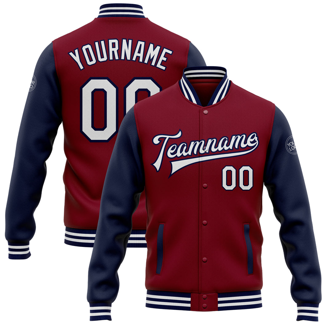 Custom Crimson White-Navy Bomber Full-Snap Varsity Letterman Two Tone Jacket