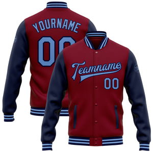 Custom Crimson Light Blue-Navy Bomber Full-Snap Varsity Letterman Two Tone Jacket