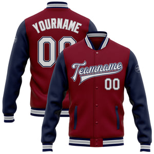 Custom Crimson White Navy-Gray Bomber Full-Snap Varsity Letterman Two Tone Jacket