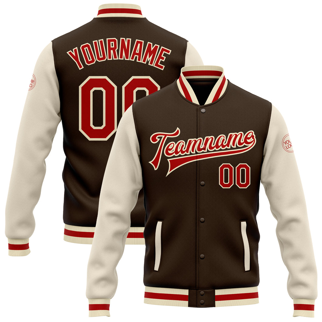 Custom Brown Red-Cream Bomber Full-Snap Varsity Letterman Two Tone Jacket