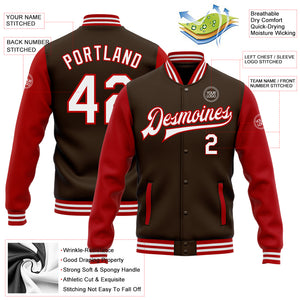 Custom Brown White-Red Bomber Full-Snap Varsity Letterman Two Tone Jacket