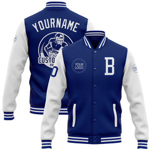 Custom Royal White Bomber Full-Snap Varsity Letterman Two Tone Jacket