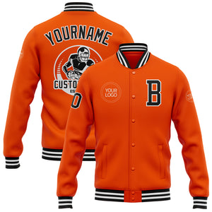 Custom Orange Black-White Bomber Full-Snap Varsity Letterman Jacket