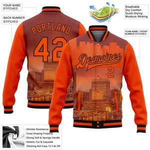 Custom Orange Black Baltimore Inner Harbor Baltimore Maryland City Edition 3D Bomber Full-Snap Varsity Letterman Jacket