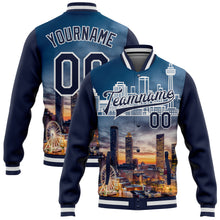 Load image into Gallery viewer, Custom Navy White Atlanta Georgia City Edition 3D Bomber Full-Snap Varsity Letterman Jacket
