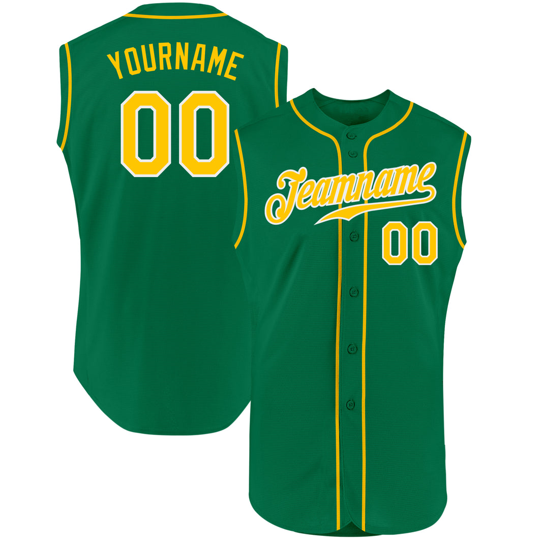 Custom Kelly Green Gold-White Authentic Sleeveless Baseball Jersey