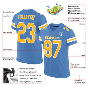 Custom Light Blue Gold-White Mesh Authentic Football Jersey