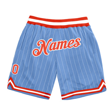 Custom Light Blue White Pinstripe Orange-White Authentic Basketball Shorts