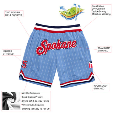 Custom Light Blue White Pinstripe Red-Navy Authentic Basketball Shorts