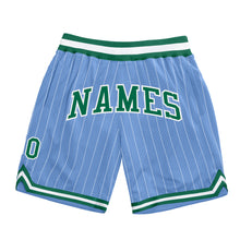 Load image into Gallery viewer, Custom Light Blue White Pinstripe Kelly Green-White Authentic Basketball Shorts
