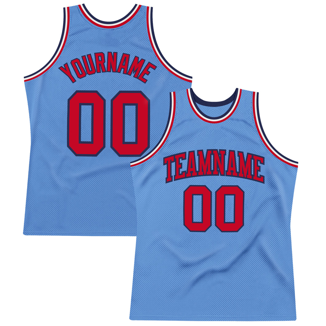 Custom Light Blue Red-Navy Authentic Throwback Basketball Jersey