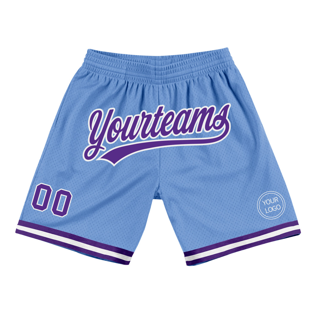 Custom Light Blue Purple-White Authentic Throwback Basketball Shorts