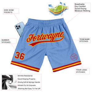 Custom Light Blue Red-Gold Authentic Throwback Basketball Shorts