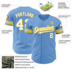 Custom Light Blue White-Yellow Authentic Baseball Jersey